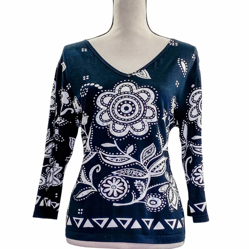 TAKE Two Black & White Floral 3/4 Sleeve Blouse